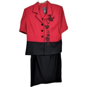 3806)Vtg Koret Red & Black Embroidery Short Sleeve Jacket & Skirt Set Size 16
